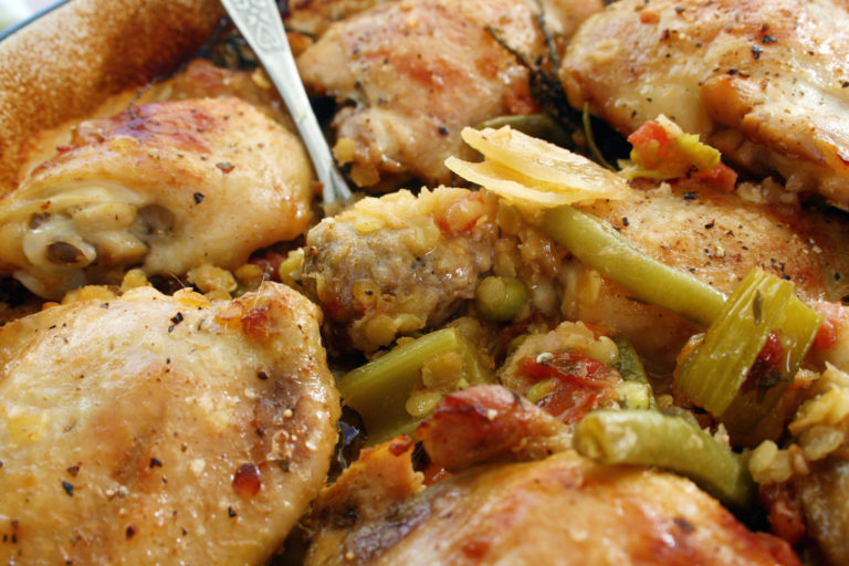 chicken thigh, sausage and red lentil onepot roast Dom in the Kitchen