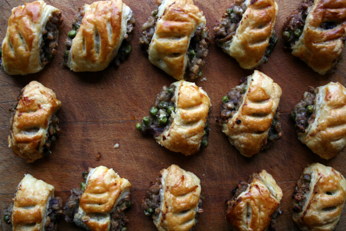 pea, pearl barley and stuffing sausage rolls