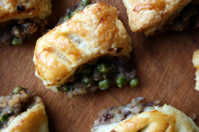 pea, pearl barley and stuffing sausage rolls