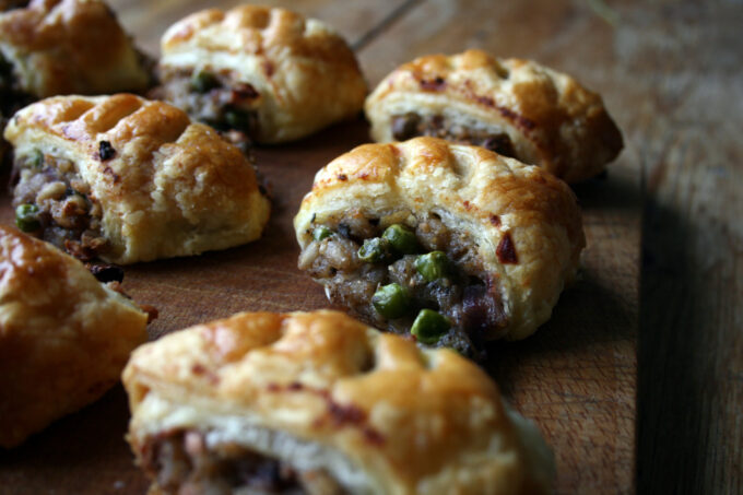 pea, pearl barley and stuffing sausage rolls
