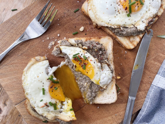 Mushroom Pesto on toast with a fried egg