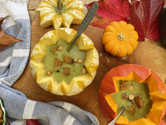 pea soup served in a pumpkin