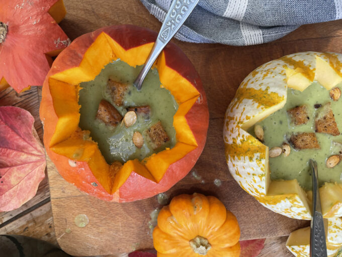 pea soup served in a pumpkin