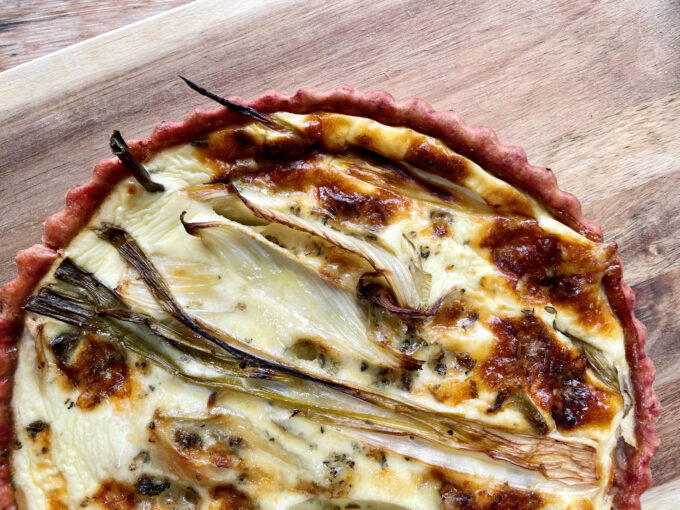 Roast Spring Onion and Fennel Quiche with a beetroot pastry