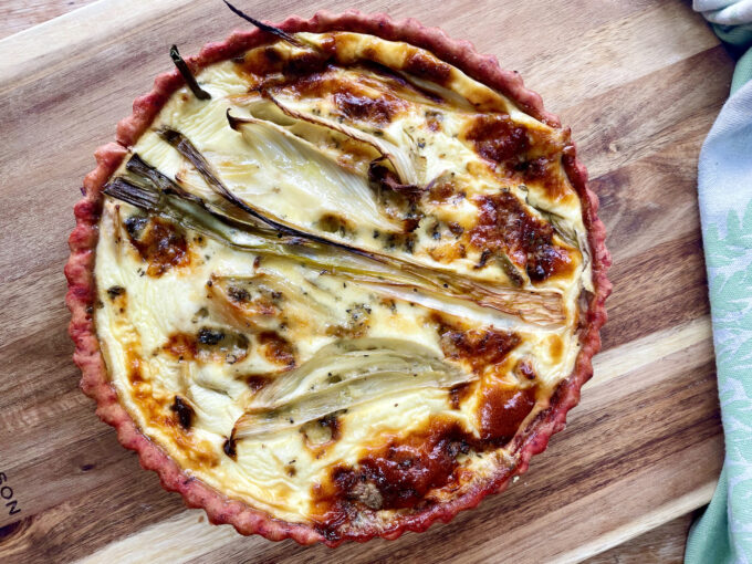 Roast Spring Onion and Fennel Quiche with a beetroot pastry