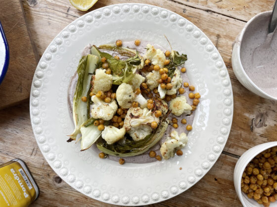 Roasted Lemon Cauliflower with a Black Bean & Honey Whipped Dip