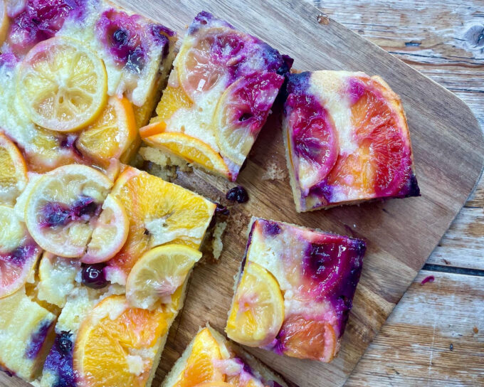 Upside down Orange, Lemon and Blueberry Traybake