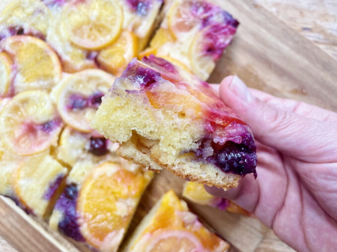 Upside down Orange, Lemon and Blueberry Traybake