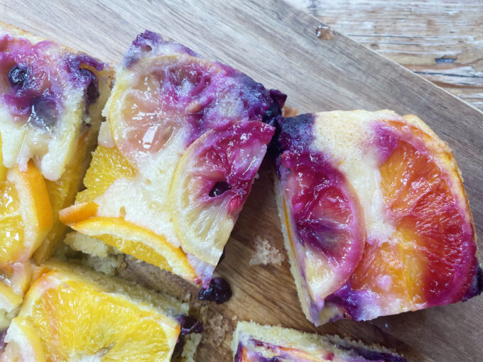 Upside down Orange, Lemon and Blueberry Traybake