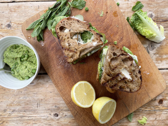 Fish Finger sandwich with a Pea& Mint Smash