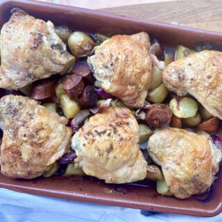 Chicken thigh & chorizo traybake