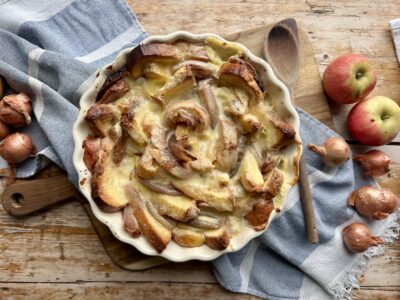 Shallot and Apple Bread and Butter Pudding
