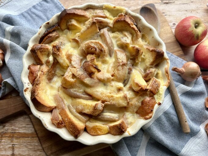 Shallot and Apple Bread and Butter Pudding