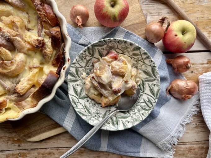 Shallot and Apple Bread and Butter Pudding